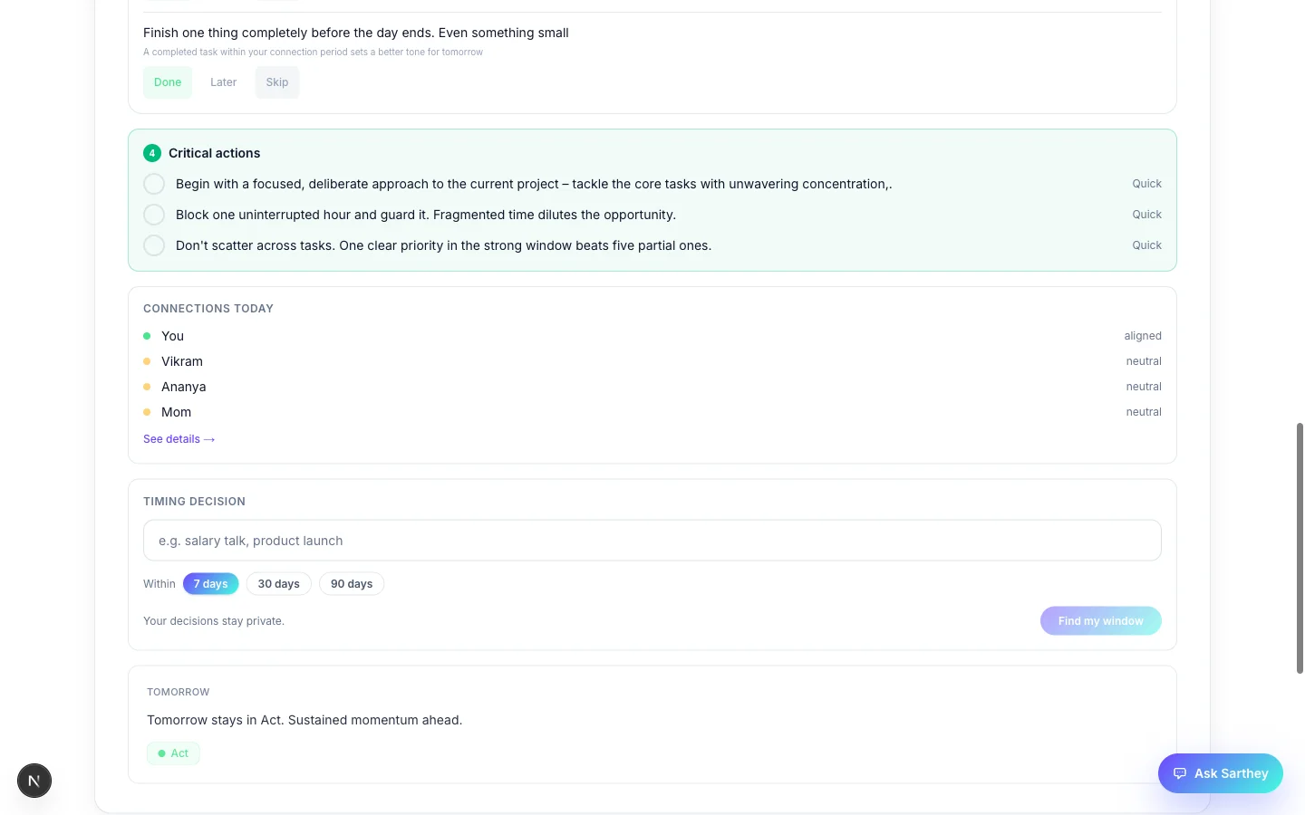 Connections, decision timer, and tomorrow preview