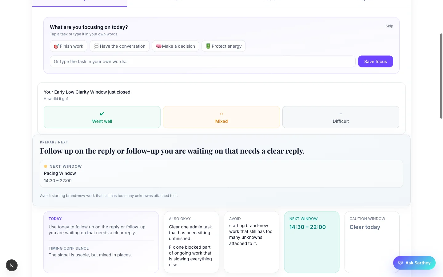 Today tab with current window, daily summary, and action guidance